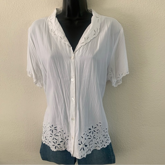 Fresco by Nomadic Traders White Cut Lace Embroidered Button Up Blouse Size XL - Picture 1 of 11